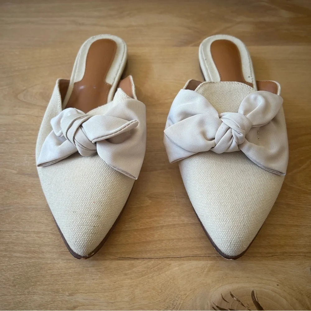 SOLD RILISTA MULES SLIP ON POINTED TOE LARGE BOW LIGHT KHAKI FABRIC UPPER 9 - Picture 3 of 10
